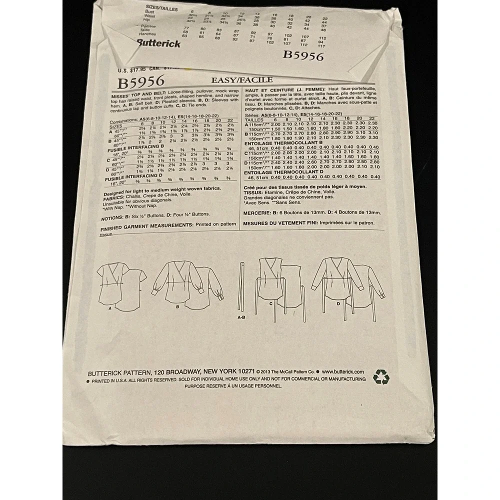 00222 - Butterick B5956 Sewing Pattern Misses Top Loose Fitting‎ Size 14-22